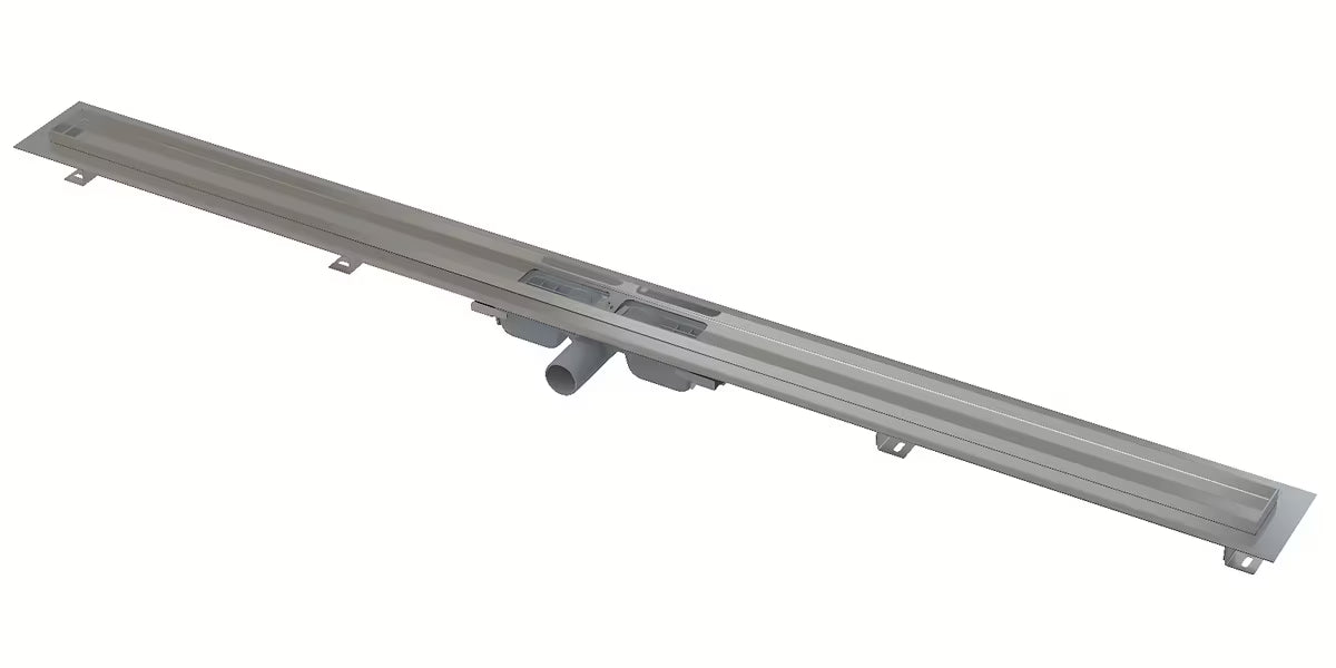 Nerūdijančio plieno dušo latakas Alca APZ101 pro dušui viename lygyje su grindimis, grotelių ilgis 145 cm.