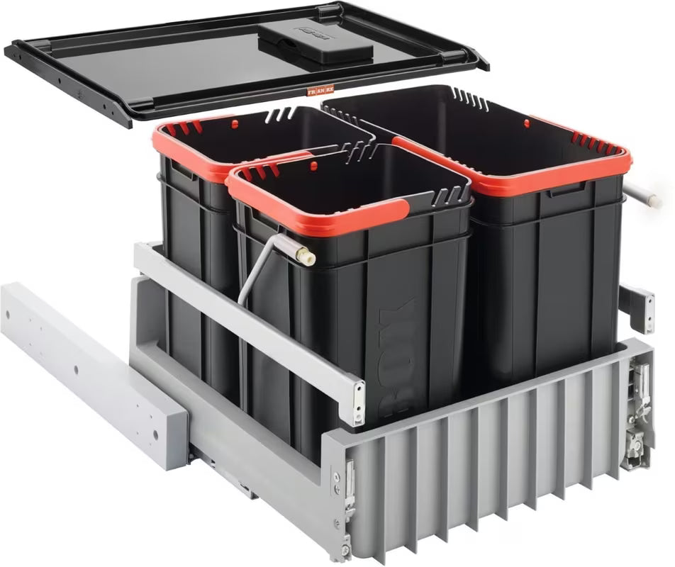 Įleidžiamas šiukšliųdėžė Blanco Sorter su priekiniu ištraukimu, trimis kibirėliais ir lentyna su anglies filtru, juodos / pilkos spalvos.