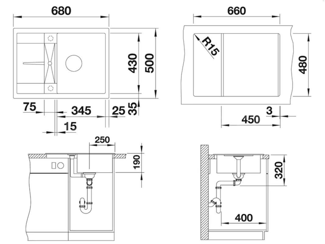 Granitinis virtuvės plautuvė Blanco Metra 45 S Compact su nusausinimo plokštuma, pilkos uolos spalvos