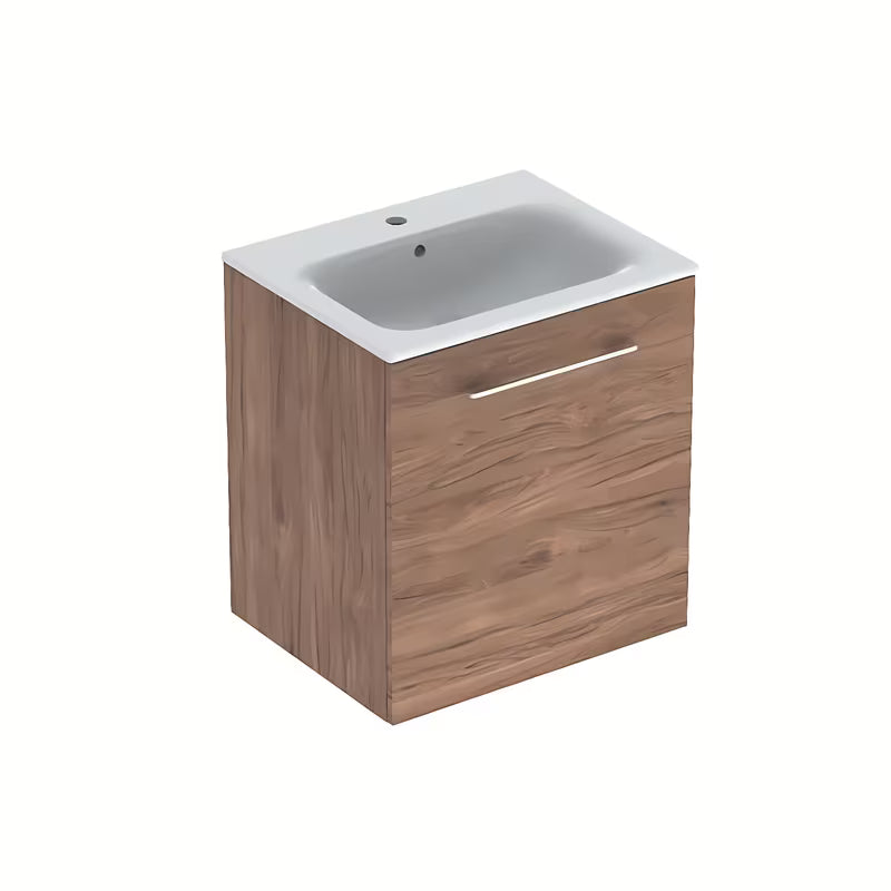 Pakabinama spintelė su keraminiu praustuvu Geberit Selnova, riešuto dekoro hickory 60x50,2x65,2 cm