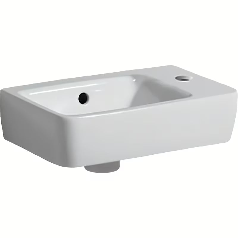 Baltas keraminis mažas praustuvas Geberit Selnova Compact, 40 x 25 cm, su anga pro maišytuvui dešinėje