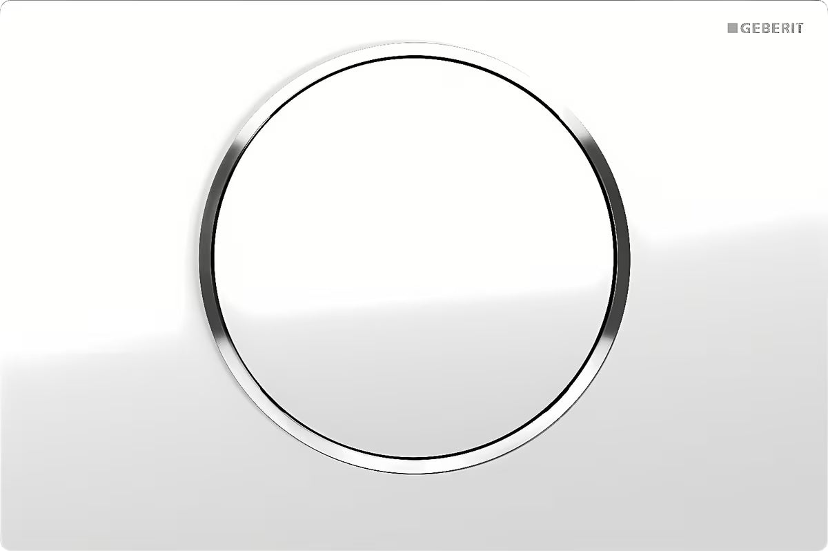 Baltas vandens nuleidimo mygtukas Geberit Sigma10 su blizgiu chromuotu žiedu pro nuleidimas Start/Stop
