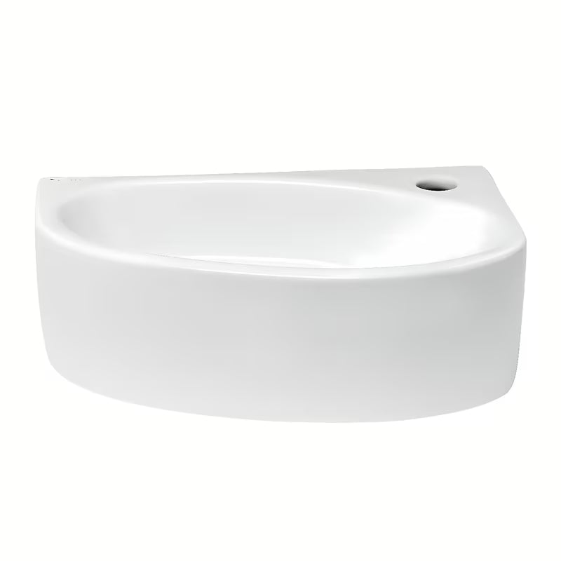 Baltas kampiniai dešinysis mažas praustuvas Glacera Bigio 42 x 29,5 cm be perpylimo su anga pro maišytuvui dešinėje.