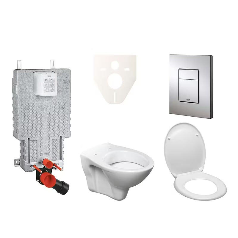 Pakabinami WC komplektas S-Line Pro su į sieną montuojamu moduliu, KLOZETAS bakeliu Grohe, sėdyne ir blizgaus chromo nuleidimo mygtuku