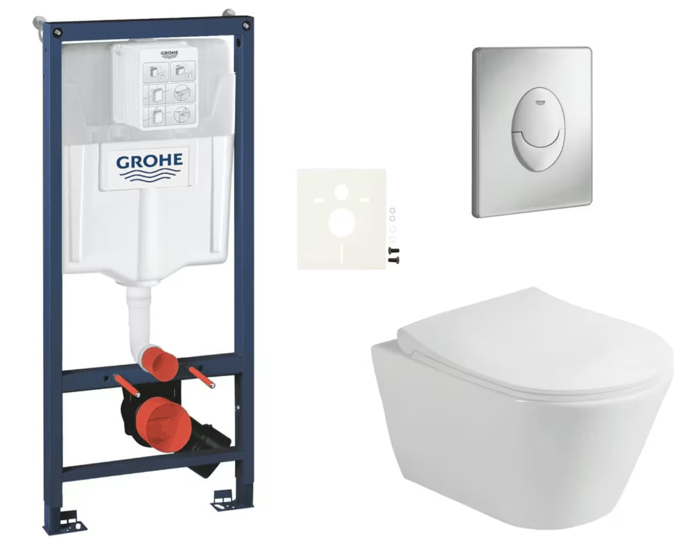 Pakabinami WC komplektas Glacera Ava su montavimo sistema Grohe Rapid SL, mygtuku Skate Air ir sėdyne softclose