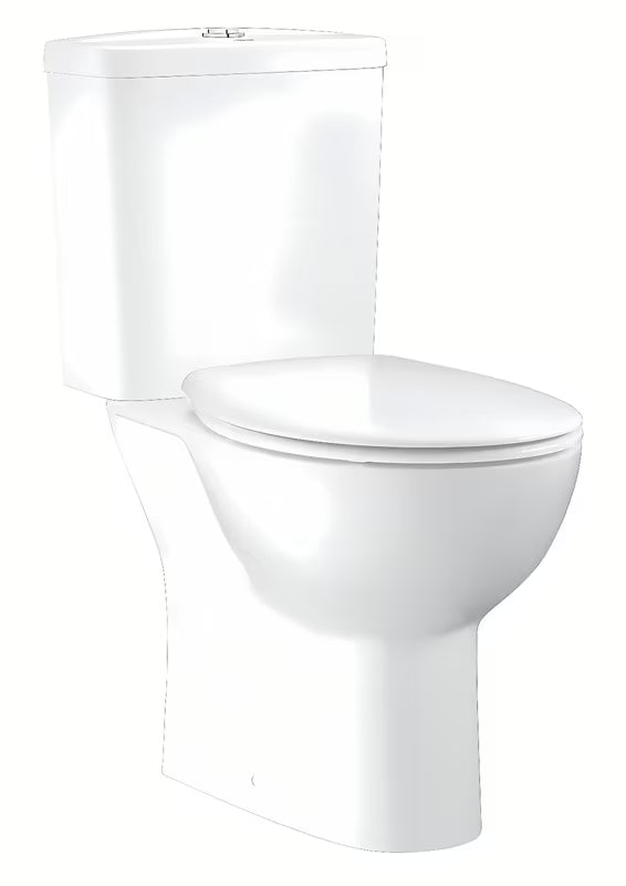 Grohe Bau Ceramic pastatomas WC kombi Rimless su galiniu nuotaku, bakeliu ir KLOZETAS sėdyne, spalva – alpine-white