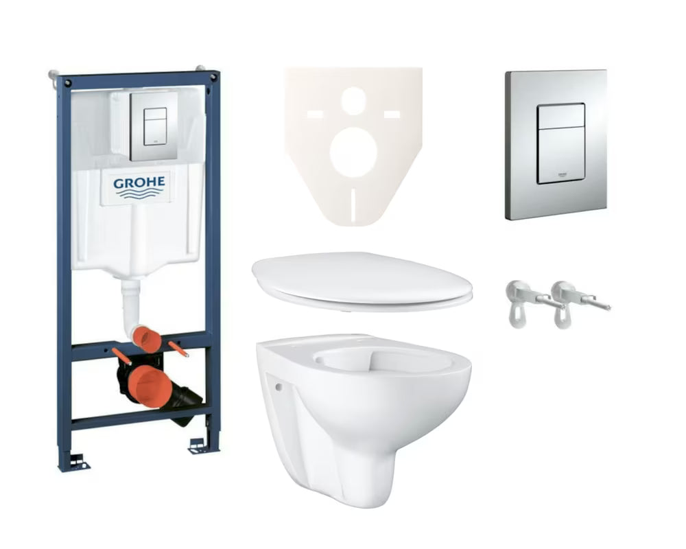 Pakabinami WC komplektas Grohe Bau Ceramic su potinkiniu moduliu, bakeliu, sėdyne ir blizgaus chromo mygtuku.