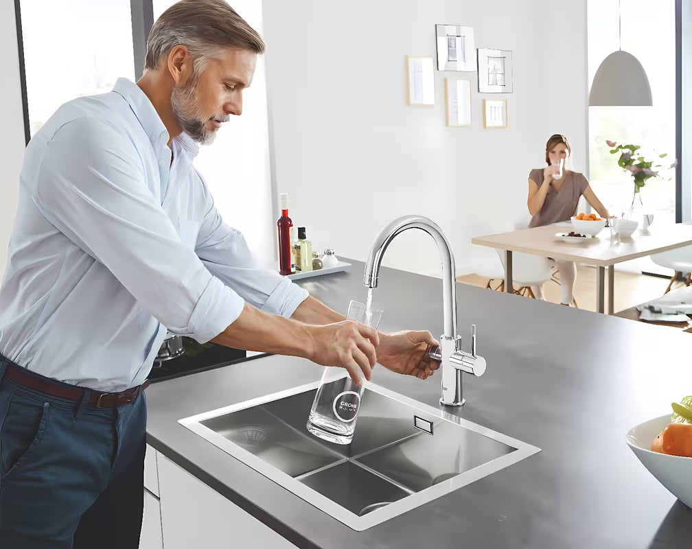 Chromuotas virtuvinis maišytuvas Grohe Blue Home Duo su filtru, su aušinimu ir mygtuku pro, gazuotam ir negazuotam vandeniui