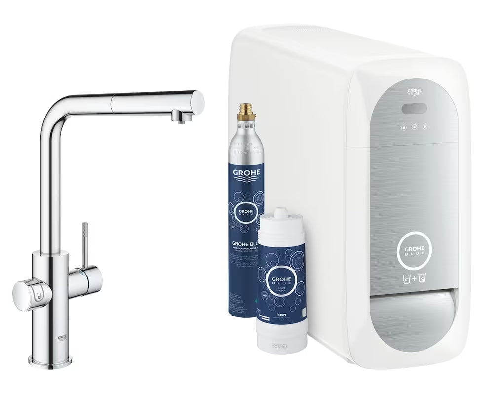 Chromuotas virtuvinis maišytuvas Grohe Blue Home Duo su filtru, su aušinimu ir ištraukiamu aeratoriumi