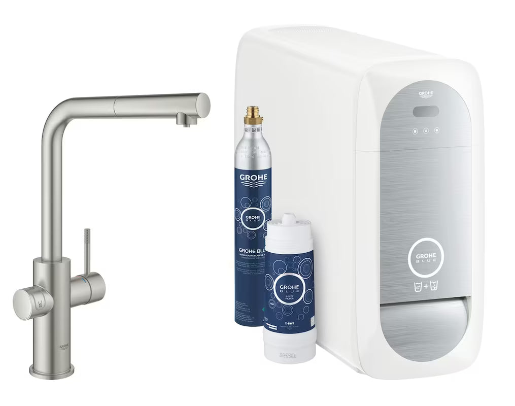 Grohe Blue Home virtuvinis maišytuvas supersteel su filtravimo funkcija ir pro gazuoto vandens aušintuvu