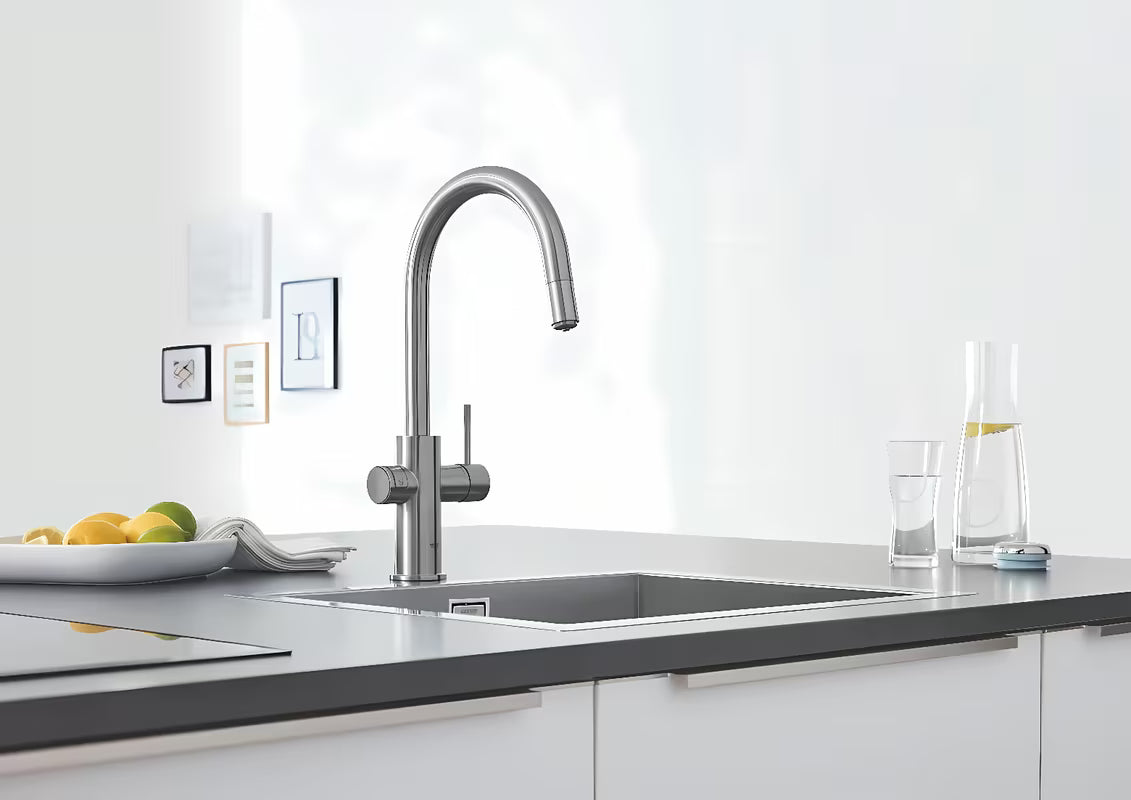 Grohe Blue Home virtuvinis maišytuvas supersteel su filtravimo sistema ir aušintuvu pro negazuotam ir gazuotam vandeniui