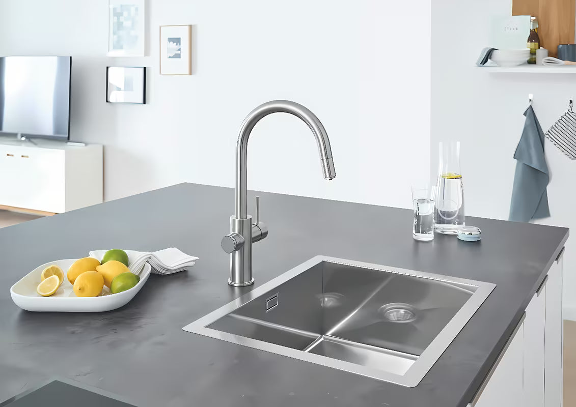 Grohe Blue Home virtuvinis maišytuvas supersteel su filtravimo sistema ir aušintuvu pro negazuotam ir gazuotam vandeniui