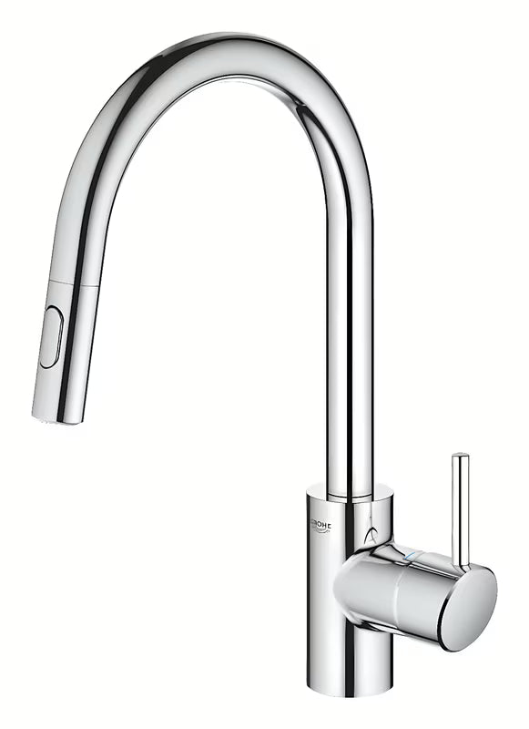 Chromuotas virtuvinis maišytuvas Grohe Concetto New su aukštu pasukamu snapu ir ištraukiamu dušeliu