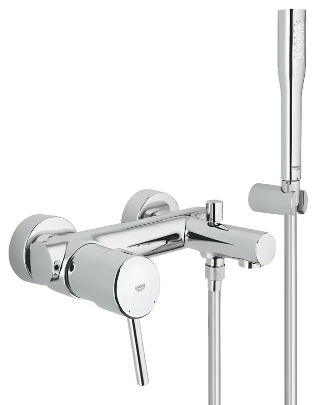 Chromo spalvos sieninė vonios maišytuvas Grohe Concetto New su dušo komplektu su automatiniu vonios / dušo perjungimu.