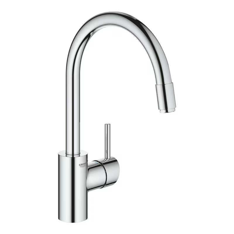 Chromuotas virtuvinis maišytuvas Grohe Concetto New su aukštu pasukamu snapu ir ištraukiamu dušeliu.