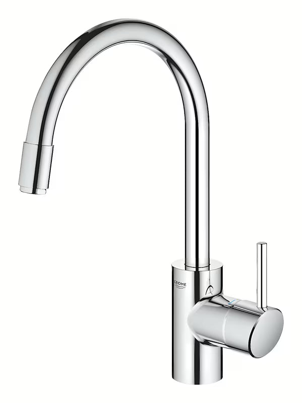 Chromuotas virtuvinis maišytuvas Grohe Concetto New su aukštu pasukamu snapu ir ištraukiamu dušeliu.