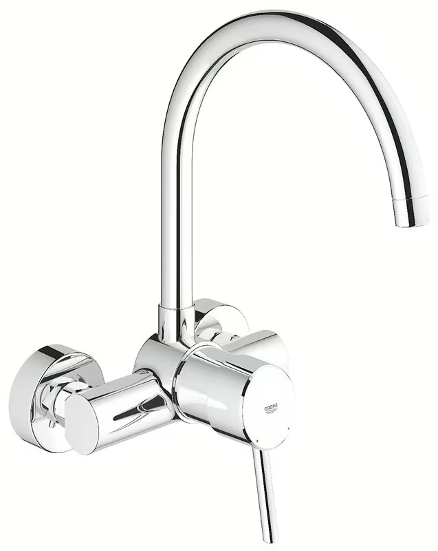 Chromuotas sieninė virtuvinis maišytuvas Grohe Concetto New su aukštu 360° pasukamu snapu.