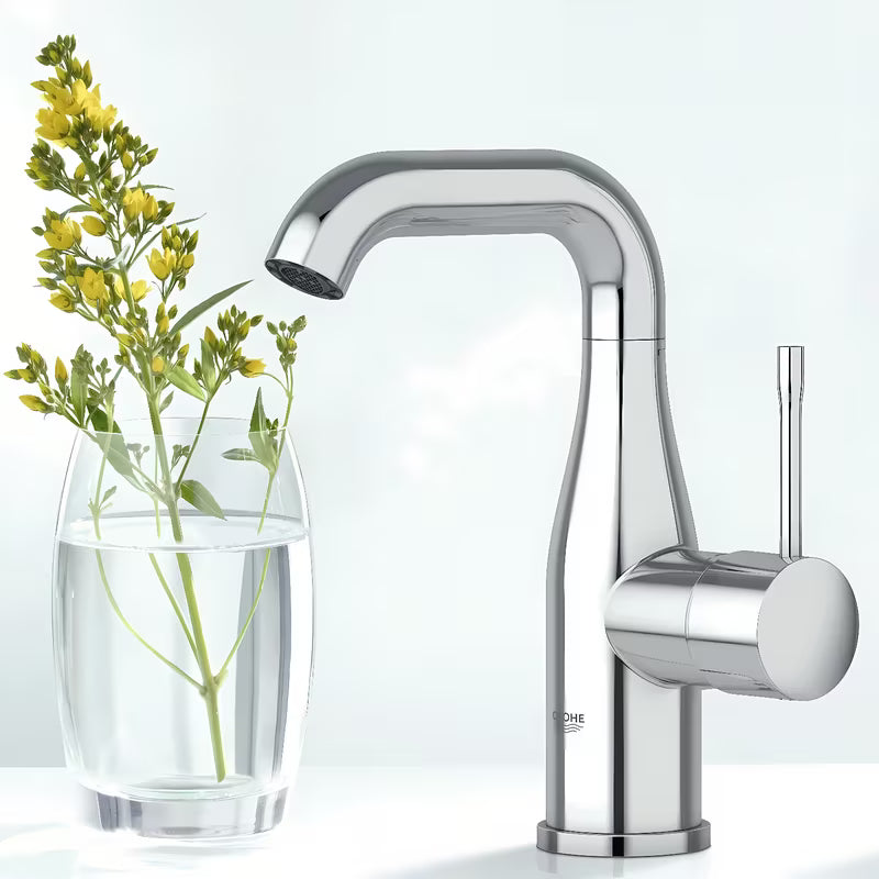 Chromuotas praustuvo maišytuvas Grohe Essence New su praustuvo dugno vožtuvas ir pasukamu snapu