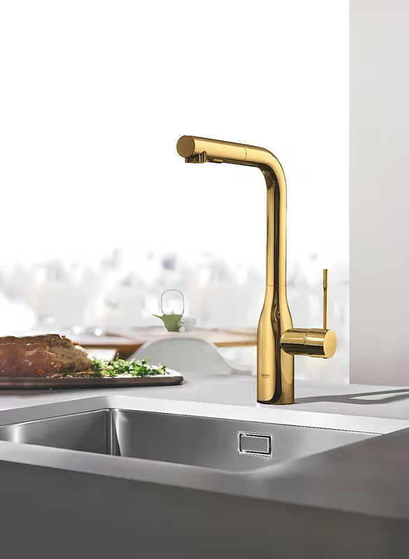 Grohe Essence New virtuvinis maišytuvas, spalva cool sunrise, su aukštu pasukamu snapu ir ištraukiama dušo galvute