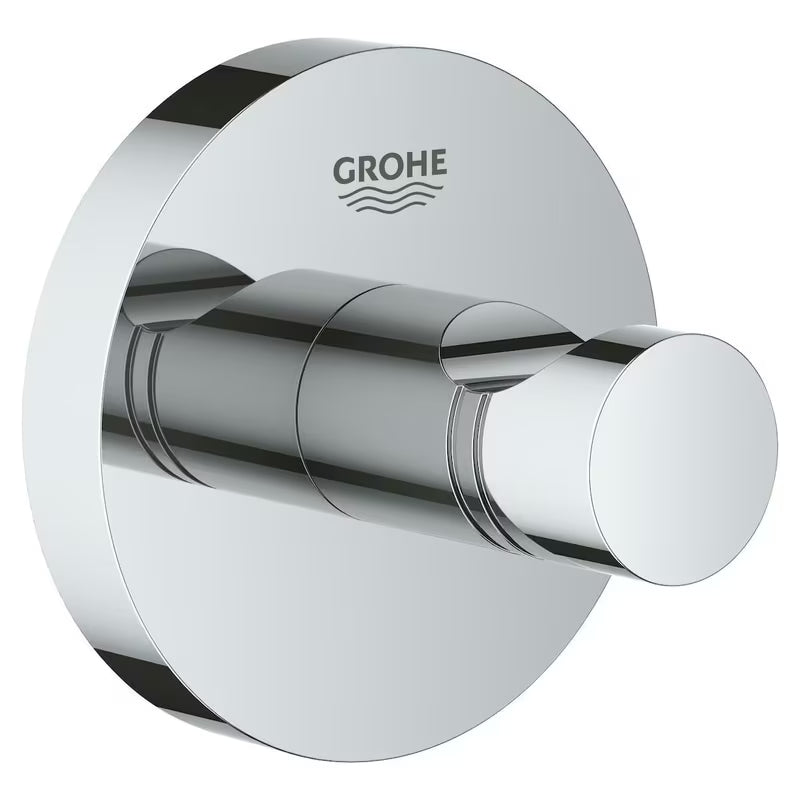 Chromuotas kabliukas chalatui Grohe Essentials su paslėptu tvirtinimu ant apvalios sieninės plokštelės.