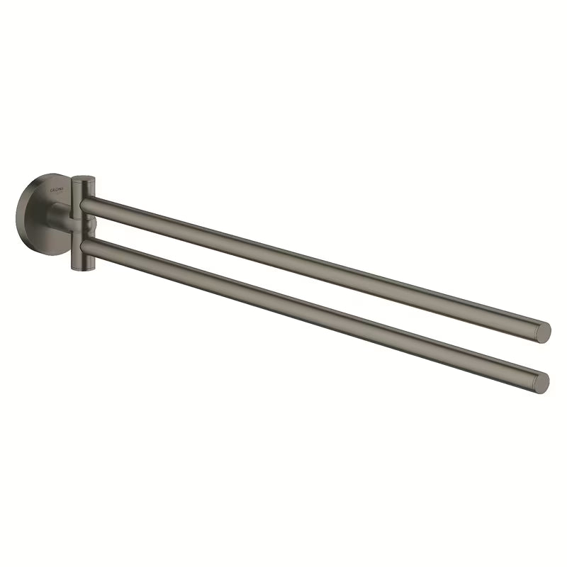 Pasukamas rankšluosčio laikiklis Grohe Essentials, Brushed Hard Graphite spalvos, su dviem svirtimis ir paslėptu tvirtinimu.
