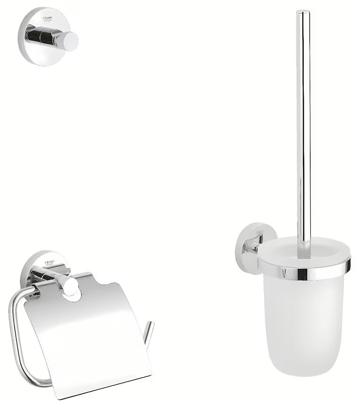 Chromuotas vonios aksesuarų rinkinys Grohe Essentials su kabliuku, su dangteliu popieriaus laikikliu ir KLOZETAS šepečiu