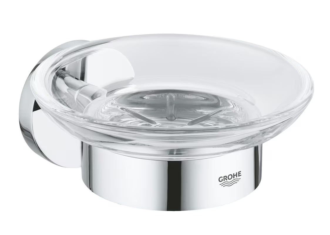 Chromuotas muilinė su laikikliu Grohe Essentials su stikline taurele ir paslėptu tvirtinimu