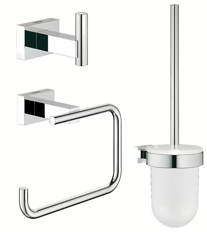Chromuota aksesuarų rinkinys Grohe Essentials Cube su kabliuku, tualetinio popieriaus laikikliu ir KLOZETAS šepečiu
