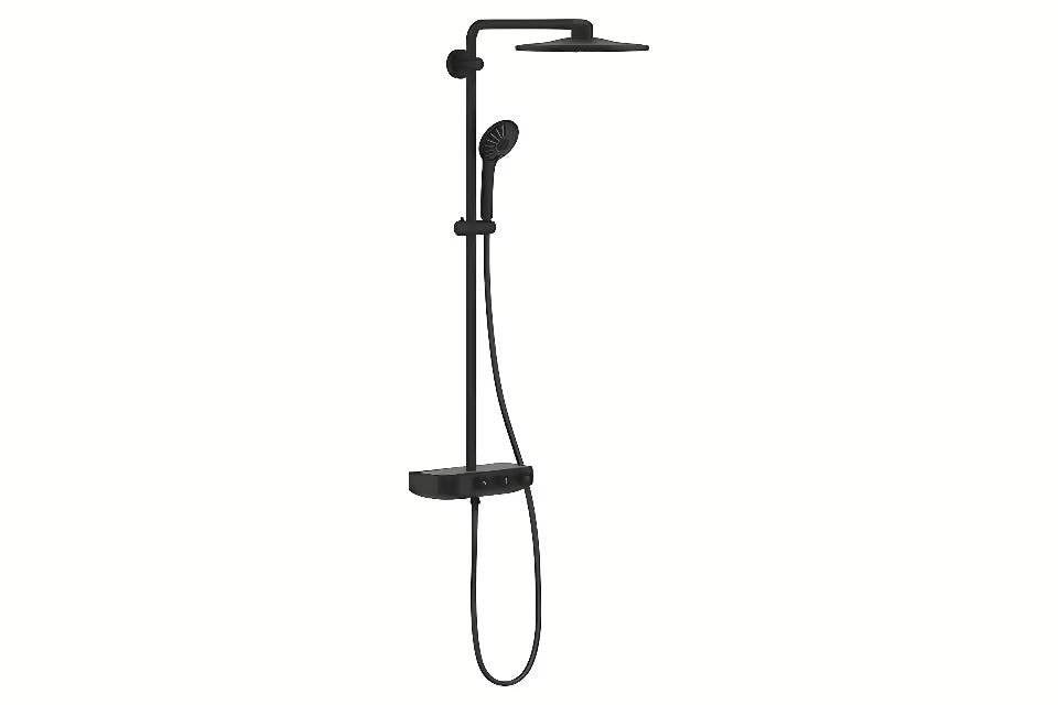 Dušo sistema Grohe Euphoria smartcontrol su termostatu, phantom black apdailos, su viršutiniu ir rankiniu dušu