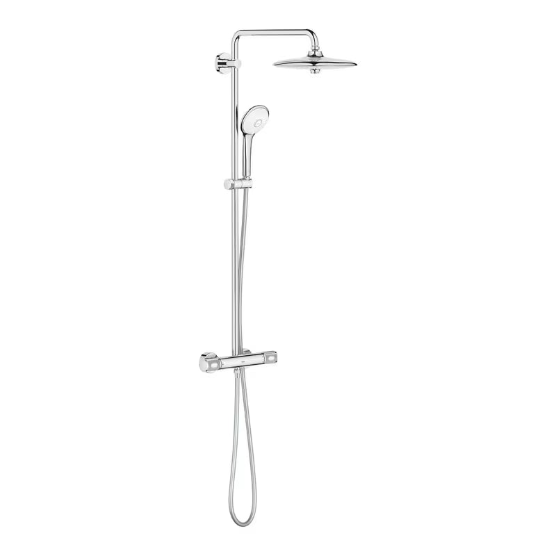 Chromo spalvos dušo sistema Grohe Euphoria System su termostatiniu maišytuvu su viršutiniu ir rankiniu dušu