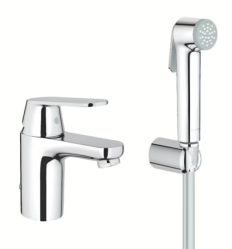 Chromuotas praustuvo maišytuvas Grohe Eurosmart Cosmopolitan su dušo komplektu su svirtiniu valdymu