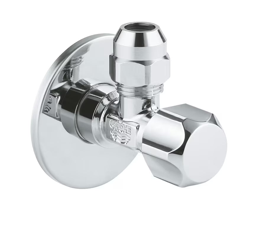 Kampinis ventilis Grohe DN 15, chrome apdailos, su ergonomiška rankenėle ir metaline rozete.