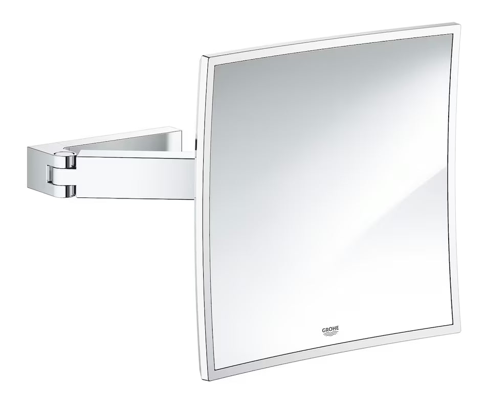 Kosmetinis veidrodėlis Grohe Selection Cube, chromo spalvos, su 3× didinimu ir sieniniu montavimu su paslėptu tvirtinimu.