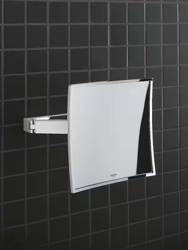 Kosmetinis veidrodėlis Grohe Selection Cube, chromo spalvos, su 3× didinimu ir sieniniu montavimu su paslėptu tvirtinimu.