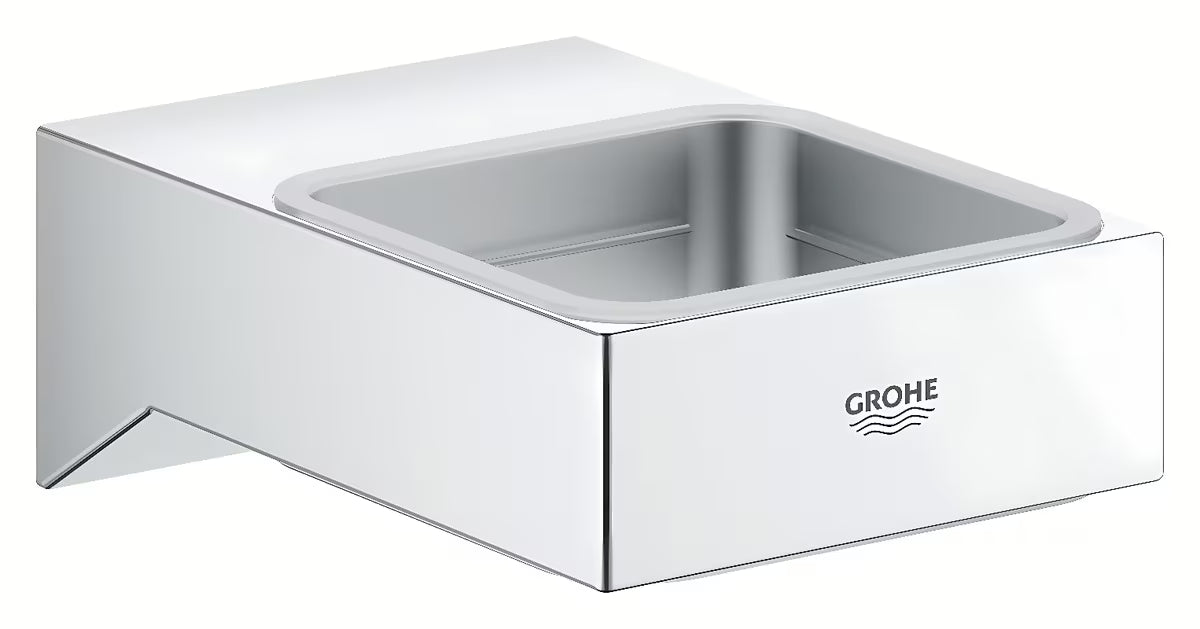 Chromuotas sieninis muilinės laikiklis Grohe Selection Cube be stiklinės su paslėptu tvirtinimu.