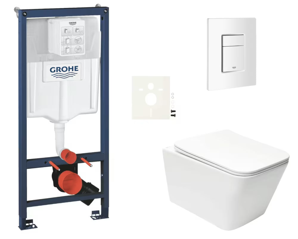 Pakabinami WC komplektas SAT Infinitio su potinkiniu rėmu Grohe Rapid SL, bakeliu ir nuleidimo mygtuku Skate Cosmopolitan