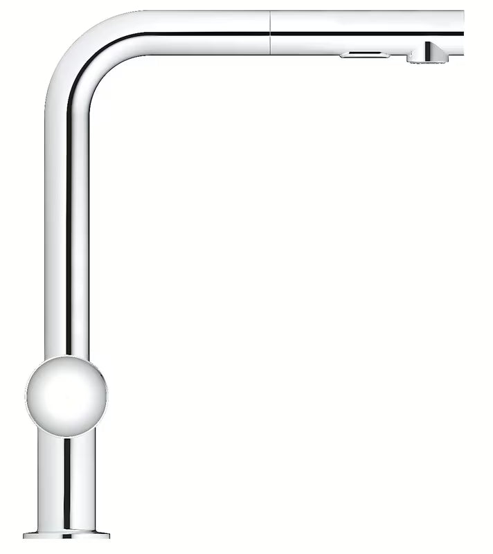Chromo spalvos virtuvinis maišytuvas Grohe Minta su aukštu L formos snapu ir ištraukiama dušo galvute