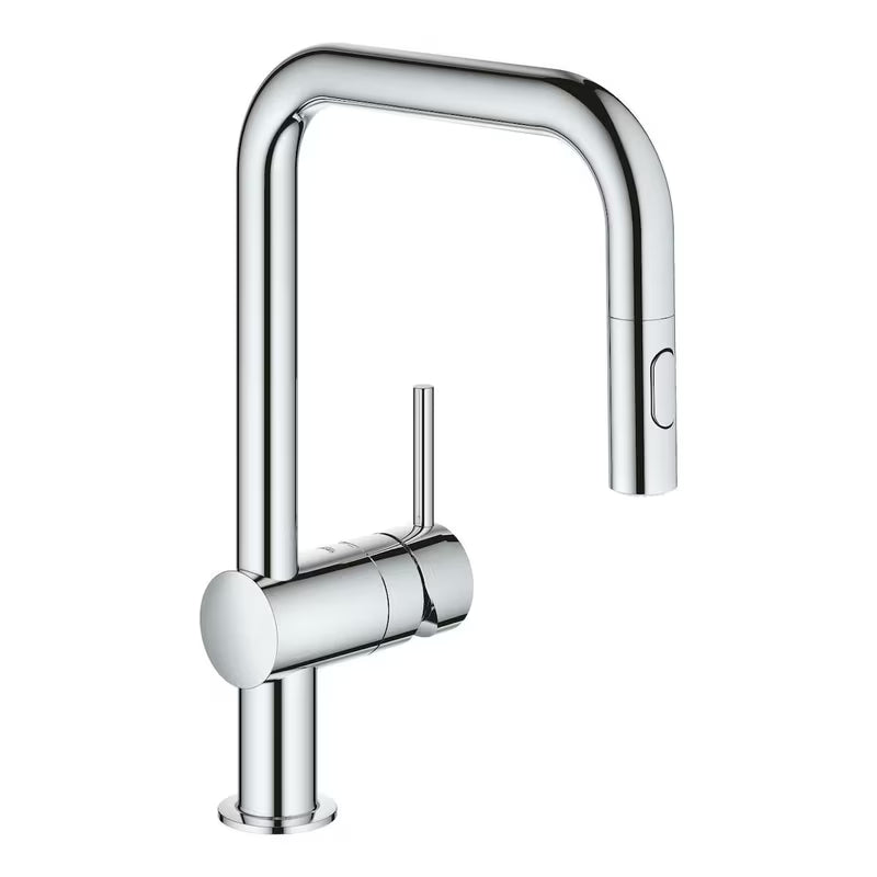 Chromo spalvos virtuvinis maišytuvas Grohe Minta su aukštu pasukamu snapu ir ištraukiama dušelio galvute