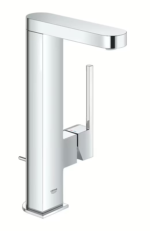 Aukšta svirtinis praustuvo maišytuvas Grohe Plus chromo spalvos su traukiamu dugno vožtuvu ir nuotako komplektu.