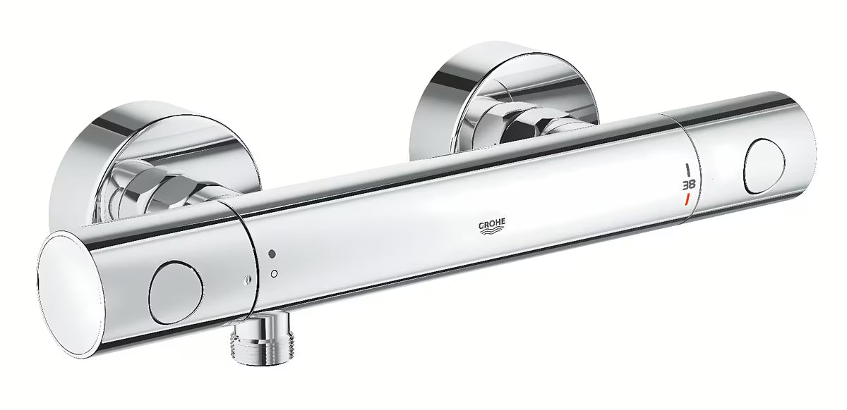 Chromo spalvos termostatinė dušo maišytuvas Grohe Precision Get pro montuoti ant sienos su apsauginiu SafeStop ribotuvu.