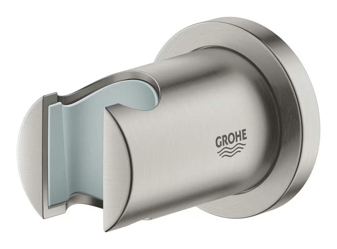 Sieninis dušo laikiklis Grohe Rainshower su apvalia rozete, matinio nerūdijančio plieno supersteel apdailos.
