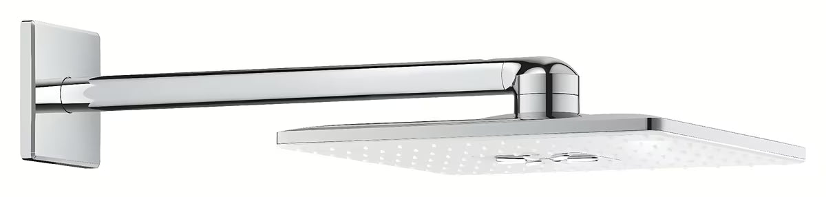 Viršutinis dušas Grohe Rainshower smartactive 310 Cube su baltu dušo disku ir sieniniu laikikliu