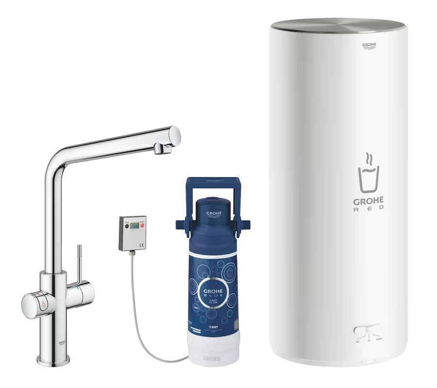 Chromuotas virtuvinis maišytuvas Grohe Red Duo su L snapu pro momentiniam verdančiam vandeniui