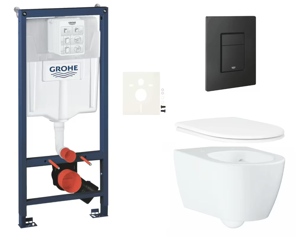 Pakabinami WC komplektas Grohe Essence su potinkiniu moduliu Rapid SL, Rimless dubeniu ir juodu mygtuku Even