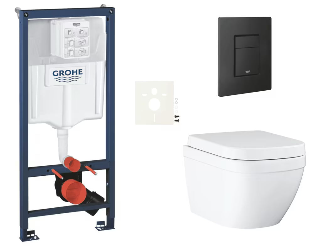 Pakabinami WC komplektas Grohe Euro Ceramic su potinkiniu moduliu Rapid SL ir juodos spalvos mygtuku Even