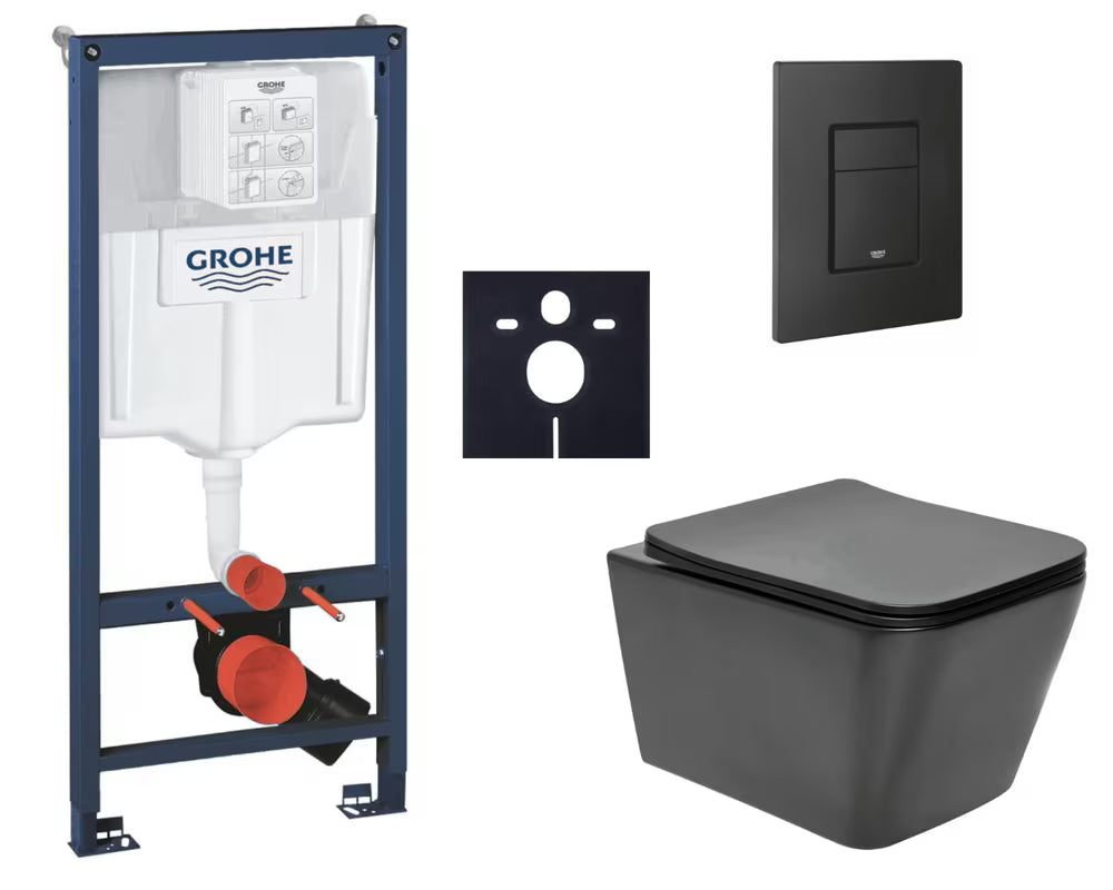 Pakabinami WC komplektas SAT Infinitio su potinkine sistema Grohe Rapid SL ir mygtuku Even phantom black