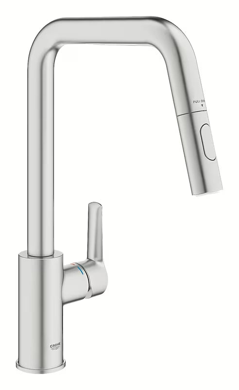 Virtuvinis maišytuvas Grohe Start 2021 supersteel apdailos su aukštu pasukamu snapu ir ištraukiama galvute.