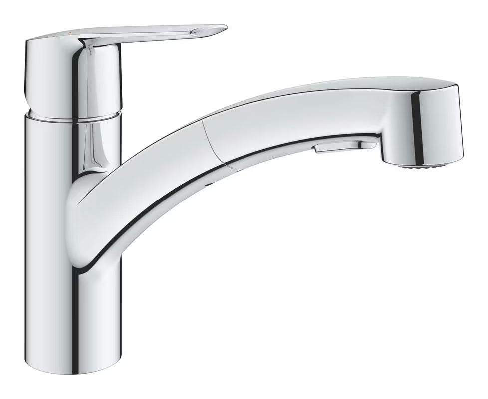 Chromuotas virtuvinis maišytuvas Grohe Start su žemu pasukamu snapu ir ištraukiamu dviejų srovių dušeliu