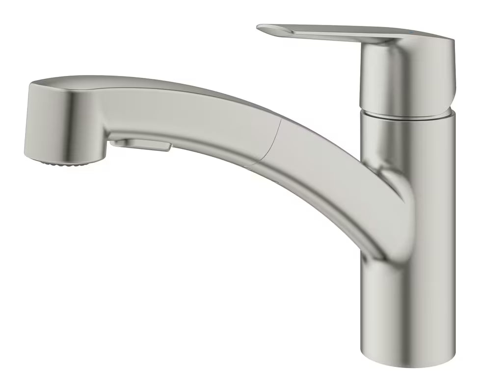 Virtuvinis svirtinis maišytuvas Grohe Start supersteel su ištraukiama dviejų srovių galvute ir pasukamu snapu