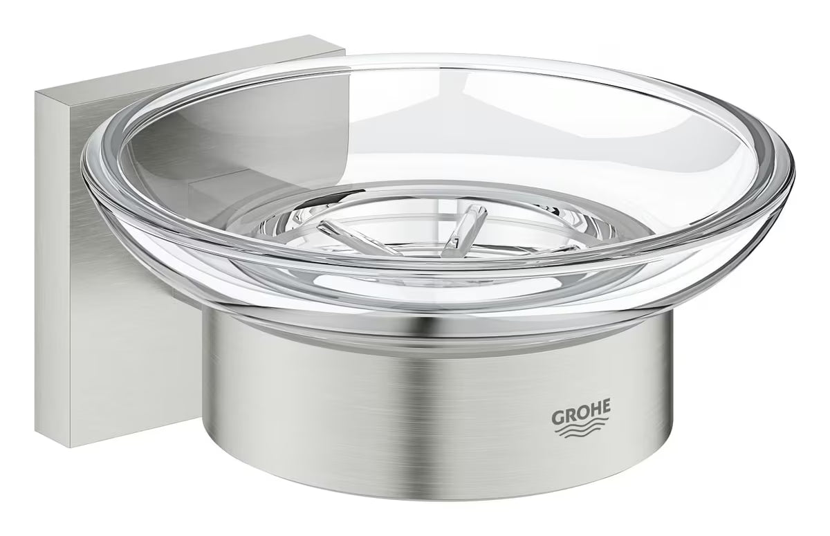 Muilinė Grohe Start Cube Accessories, supersteel spalvos, su stikline taurele ir paslėptu tvirtinimu.